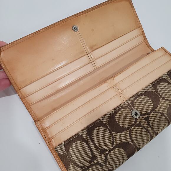 Coach Long Wallet Stripe Envelope Beige Brown Tan Designer Large Leather Canvas - Picture 3 of 8